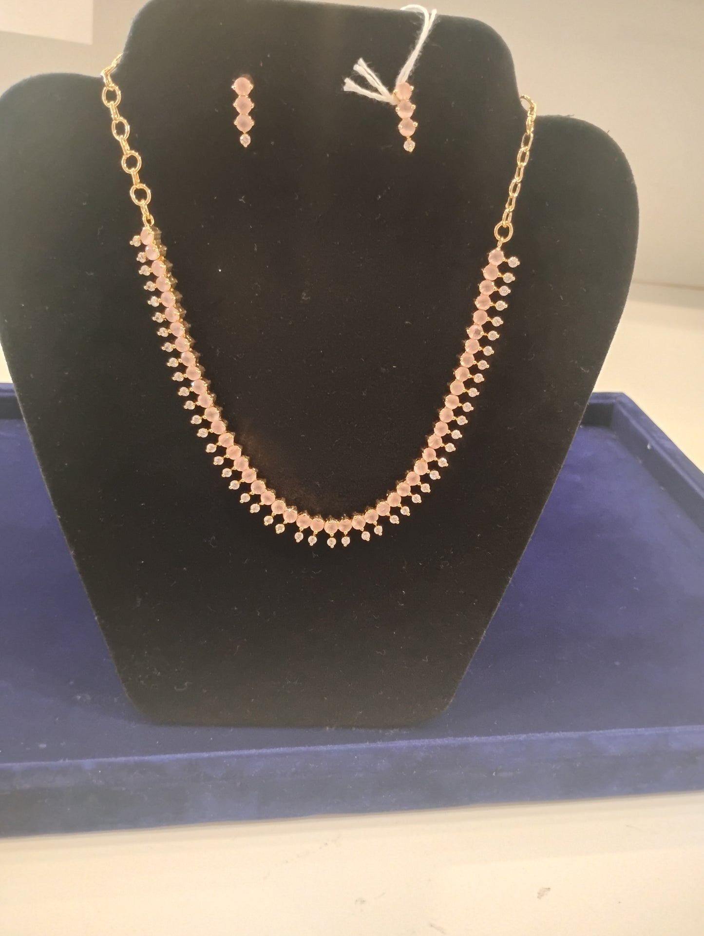 Alluring Gold Plated White and Light Pink Stones Necklace with Earrings For Women