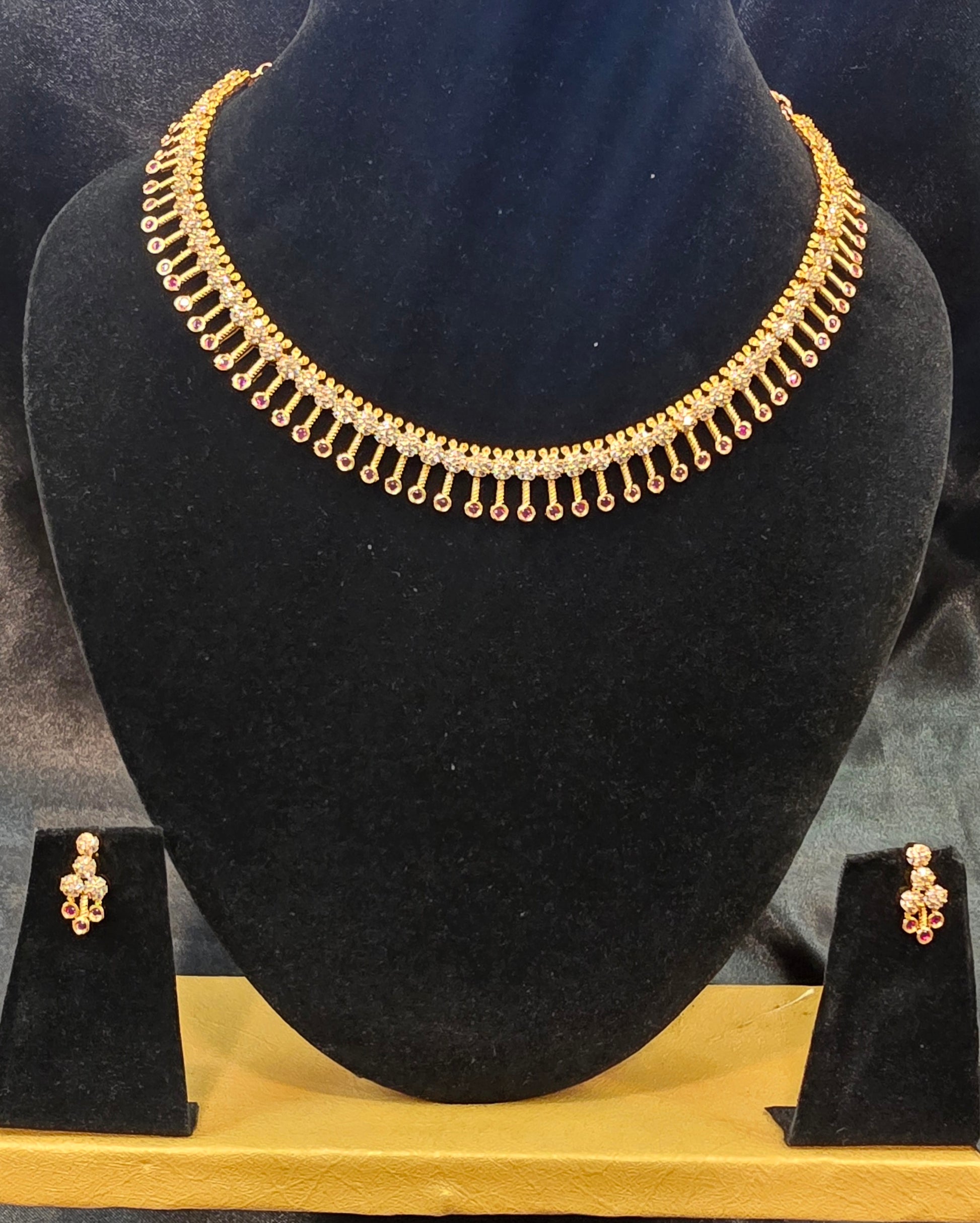 Dark Pink Color And White Stone Gold Plated Necklace With Earrings Set Near Me