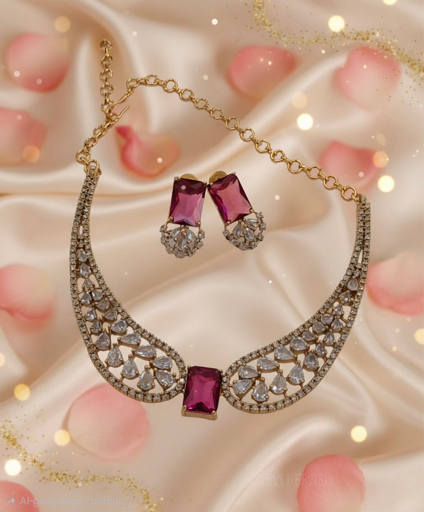 Elegant Red Stoned Leaf Shaped Gold Plated Set