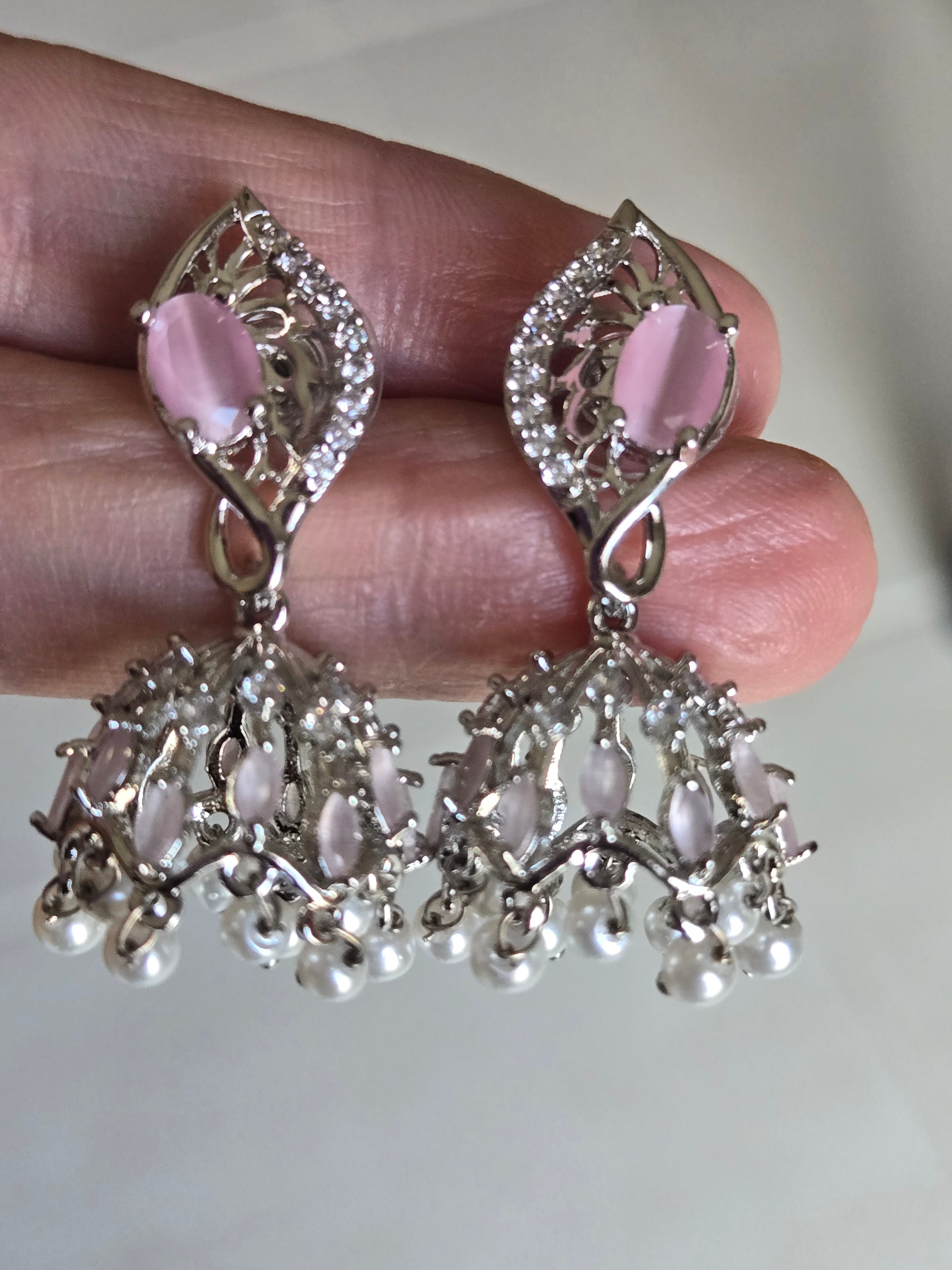 Elegant Light Pink Color American Diamond Jhumka Earrings