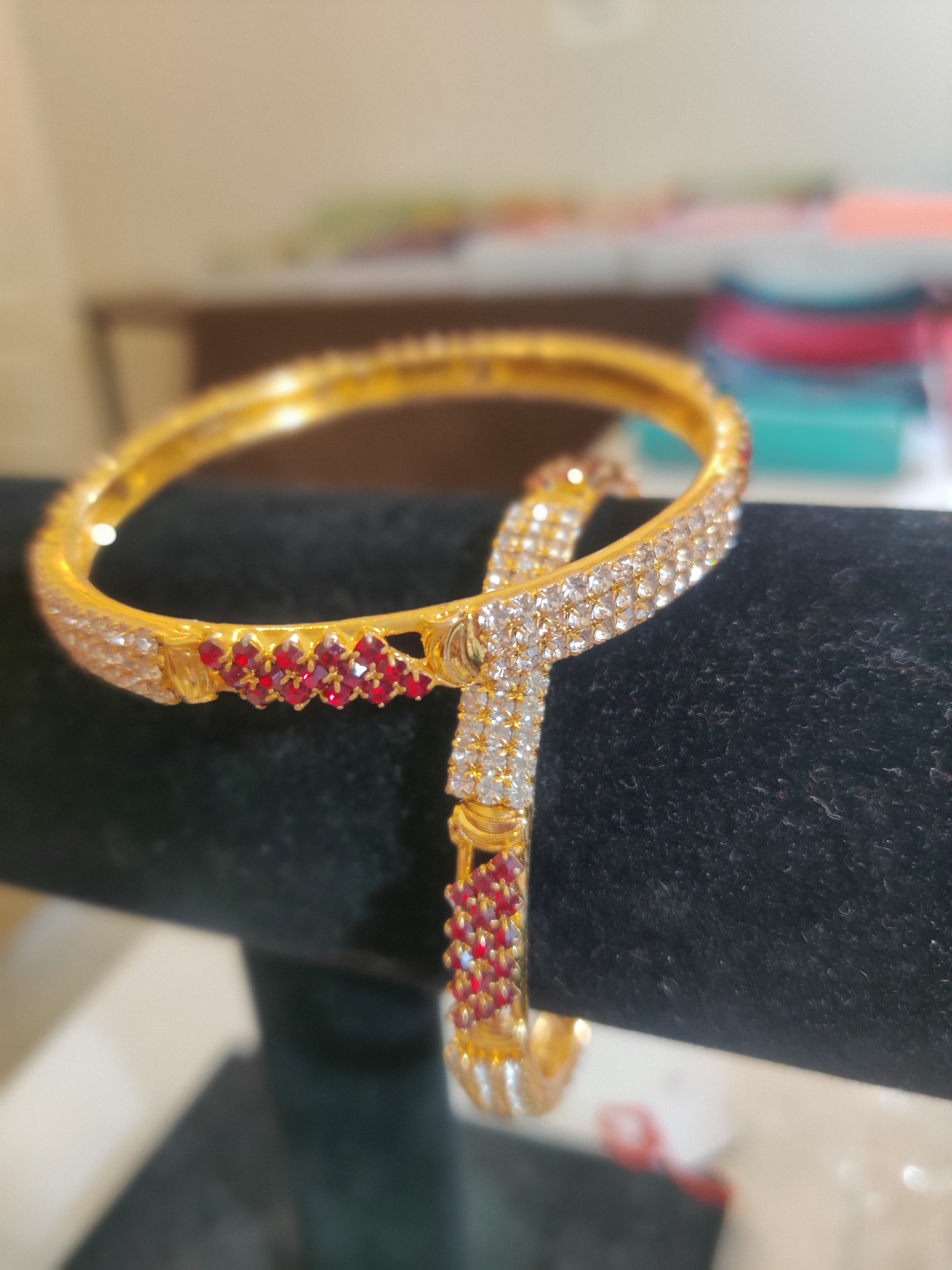 Pleasing Gold Plated Bangles With White And Red Stones In USA