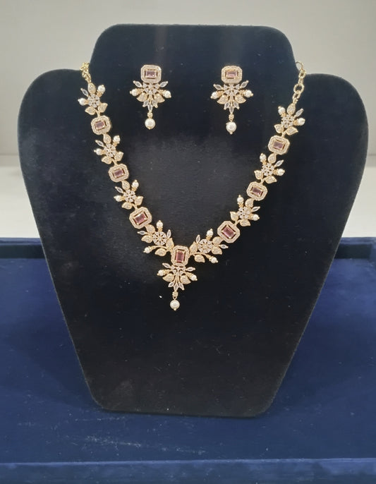Appealing Pink And White Stones With Pearls Necklace With Earrings 
