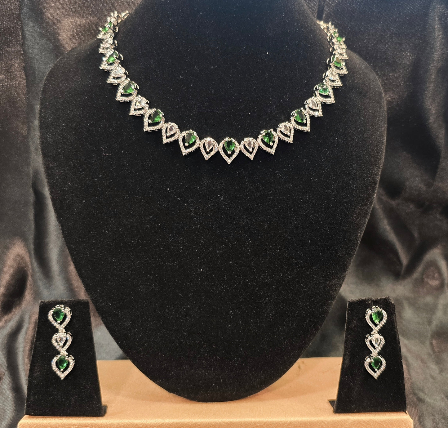 American Diamond Green And White Color Stones Necklace With Earrings Set In USA