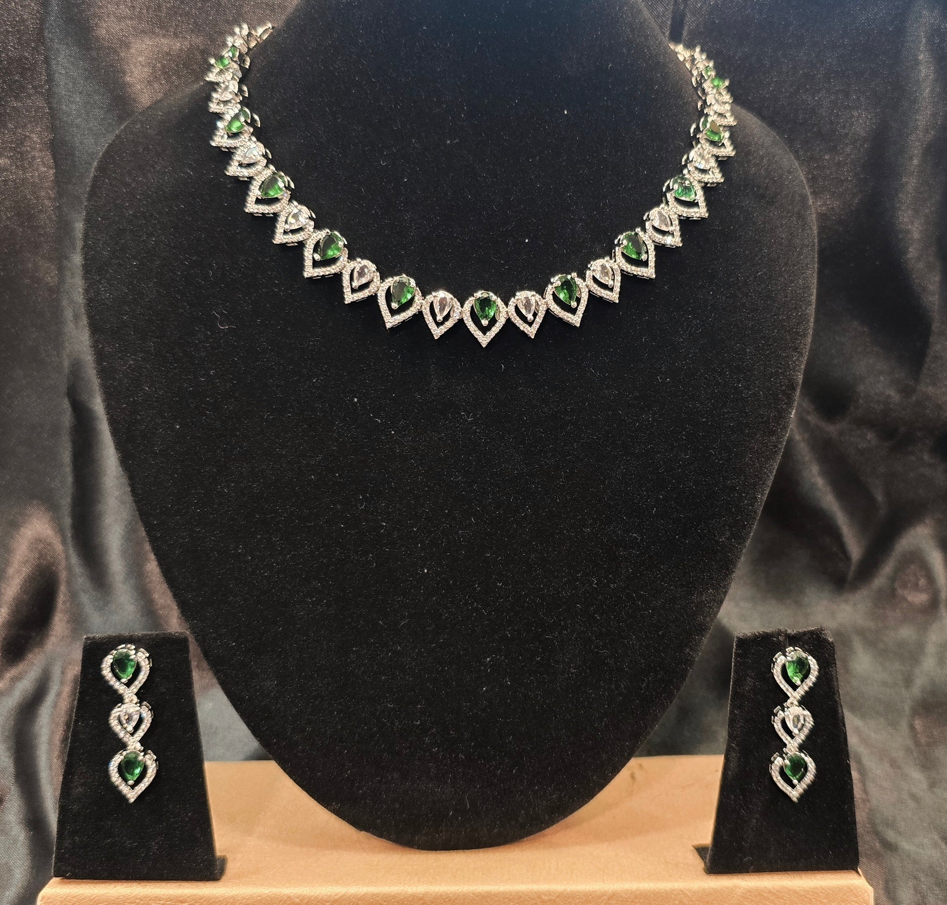 American Diamond Green And White Color Stones Necklace With Earrings Set In USA