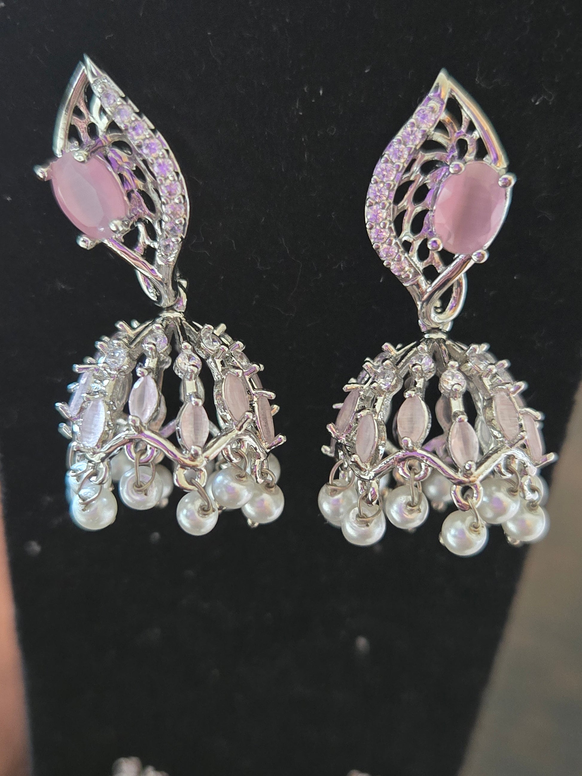 Elegant Light Pink Color American Diamond Jhumka Earrings In USA