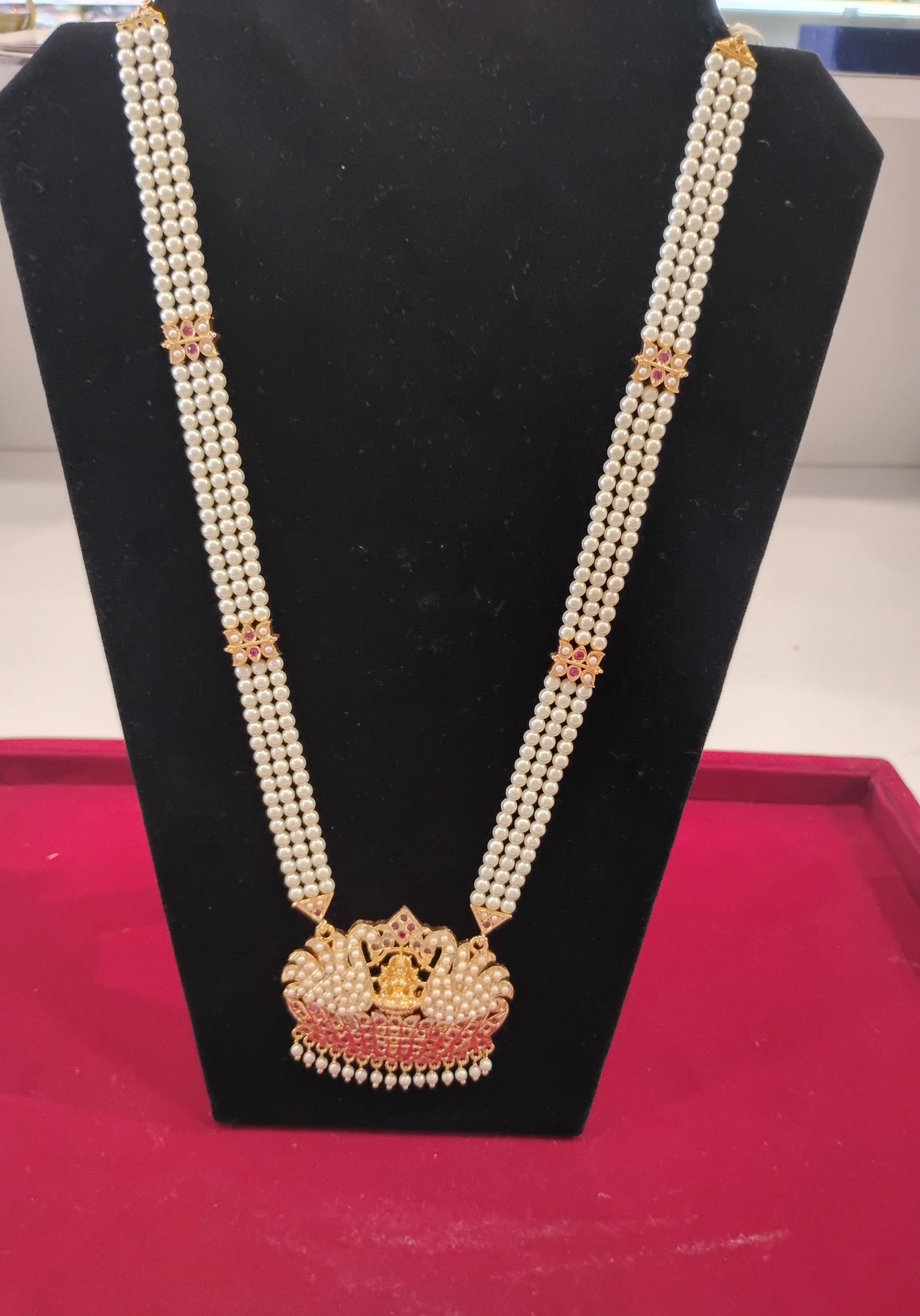 Traditional Long Pearl Pendant Necklace Set With Ruby And Pearl Stone  For Women