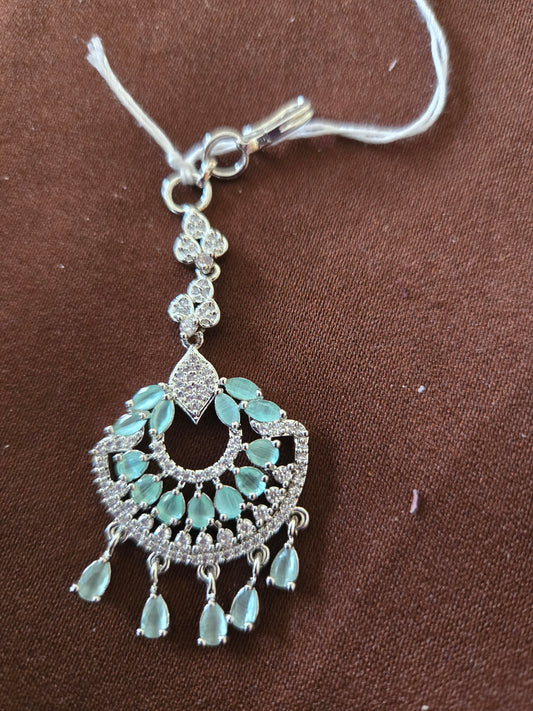 Stunning Party Wear AD Sea Green Stone Tikka For Women