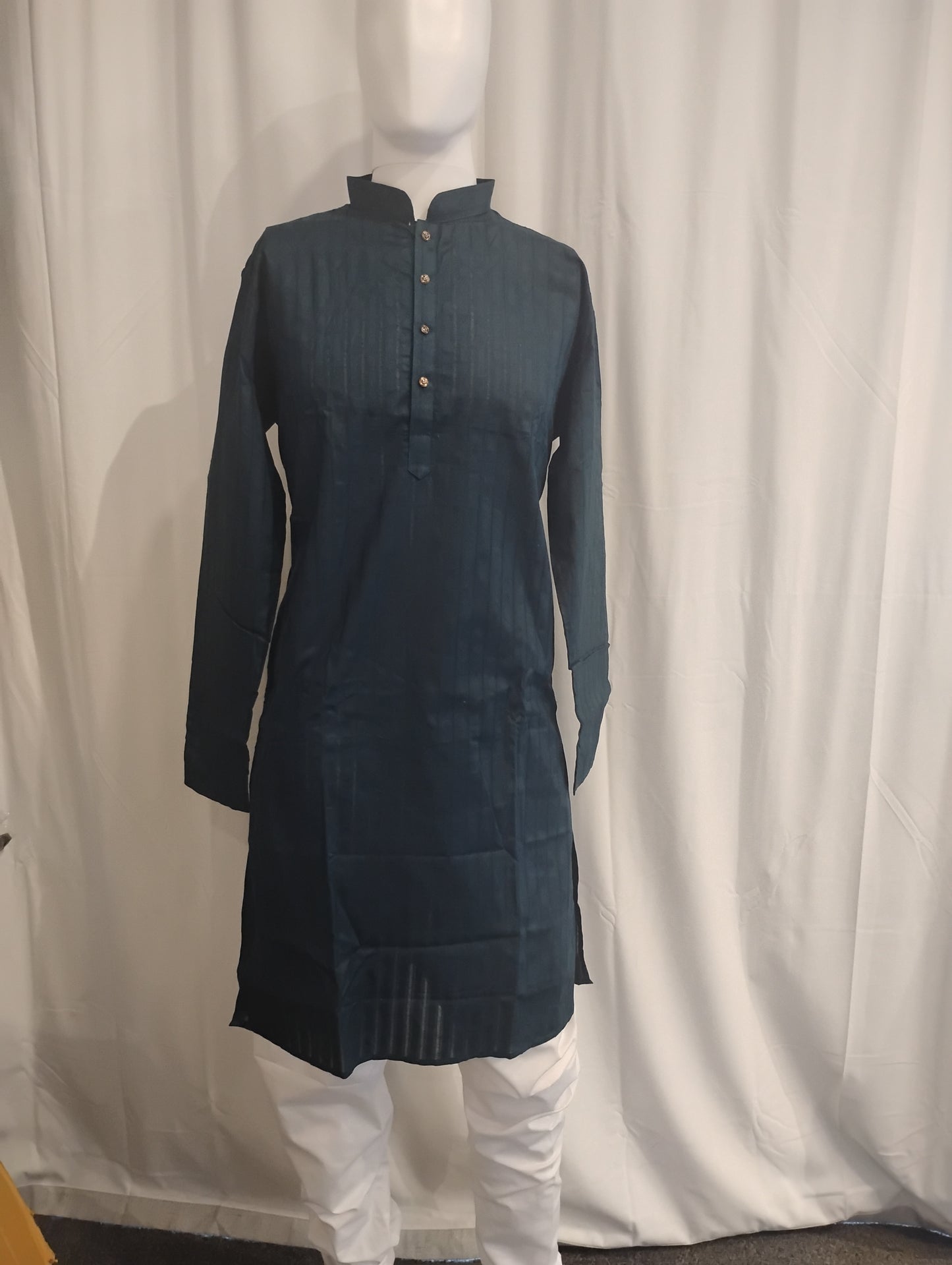 Elegant Teal Blue Color Self Design Kurta With Pajama Set For Men