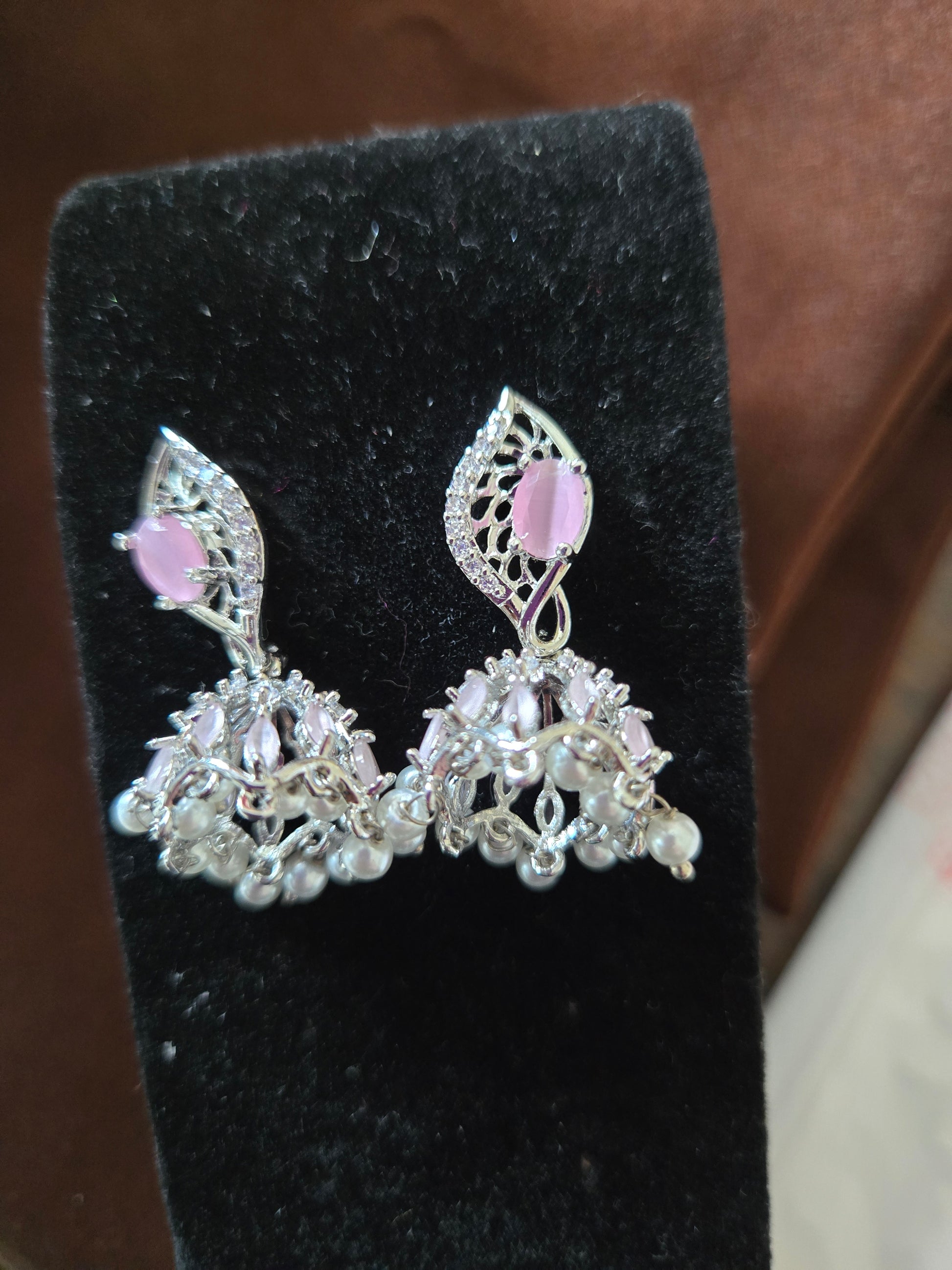 Elegant Light Pink Color American Diamond Jhumka Earrings Near Me