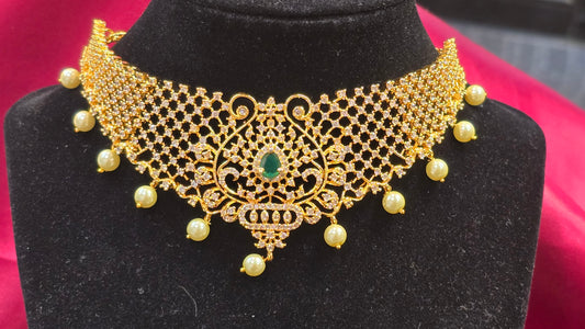 Pretty Green Emerald Peacock Shaped Gold Plated Choker Set For Women