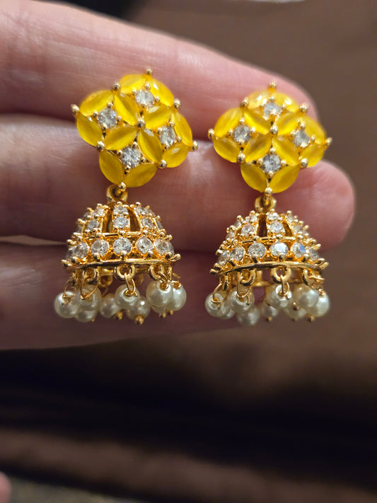 Charming Yellow Color Flower Design American Diamond Jumkha For Women