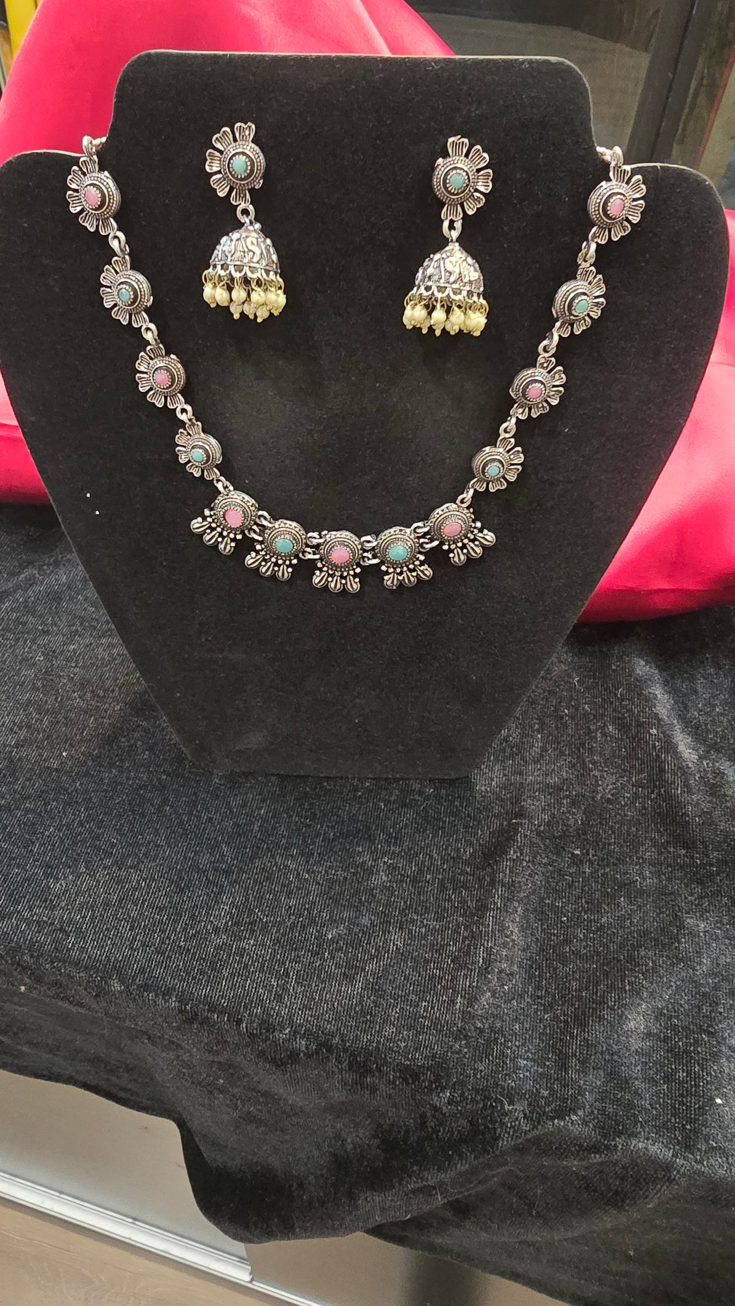 Gorgeous Multicolor Oxidized Necklace With Jhumkas Set