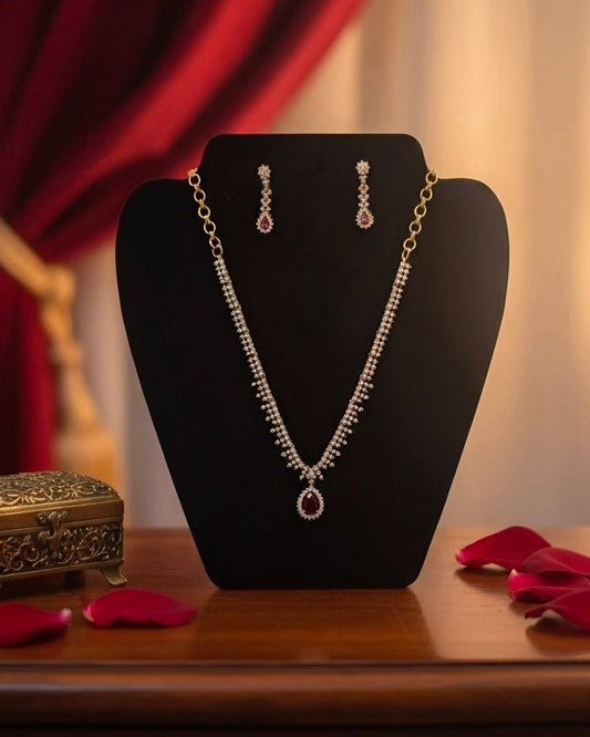 Elegant Red And White Stones Studded Gold Plated Necklace With Earrings Set