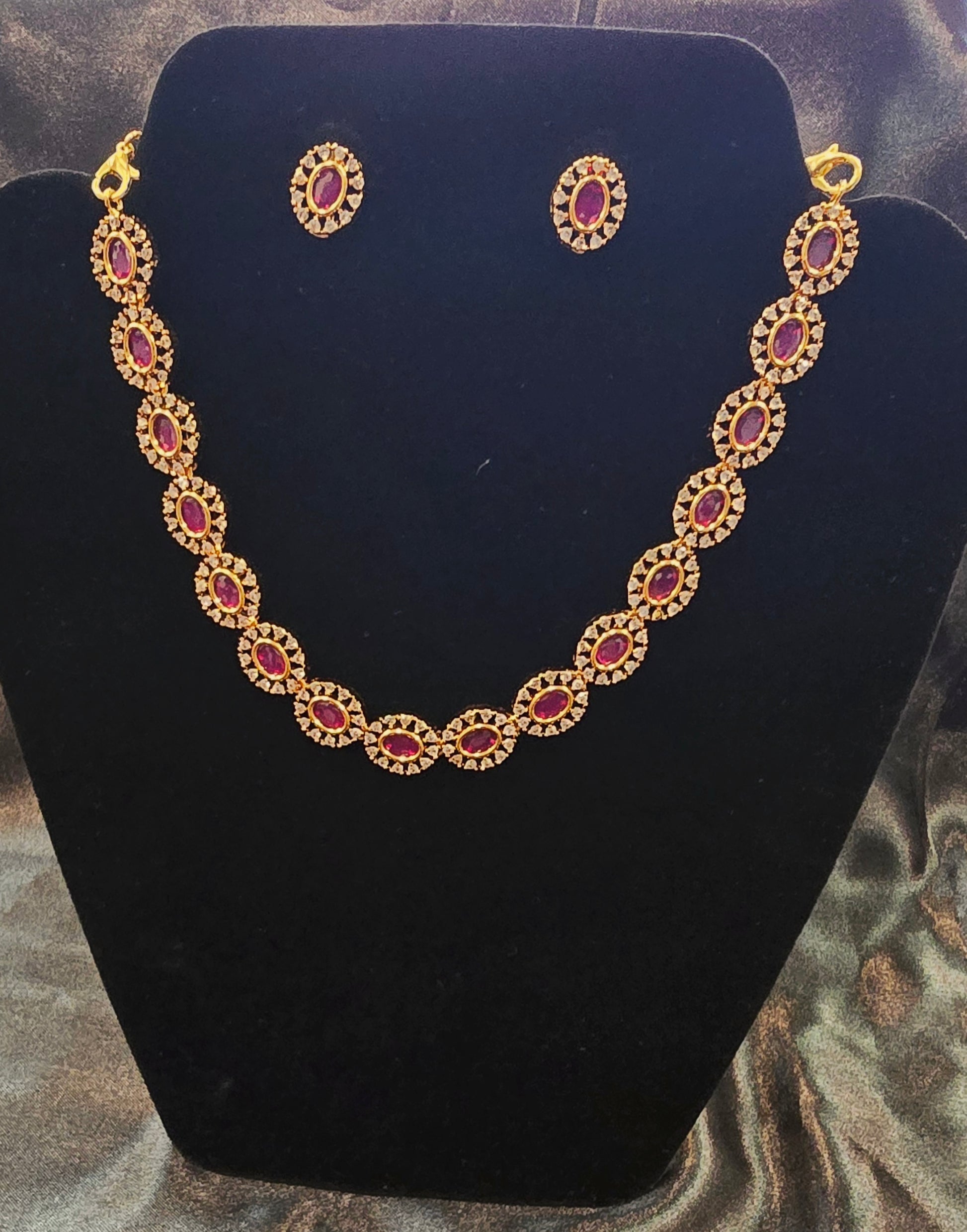 Dark Pink Color Gold Plated Necklace With Earrings Set In USA