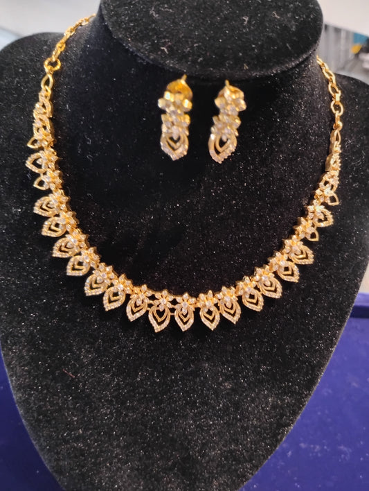Elegant Gold Plated Necklace With White Color Stones Earrings Set For Women