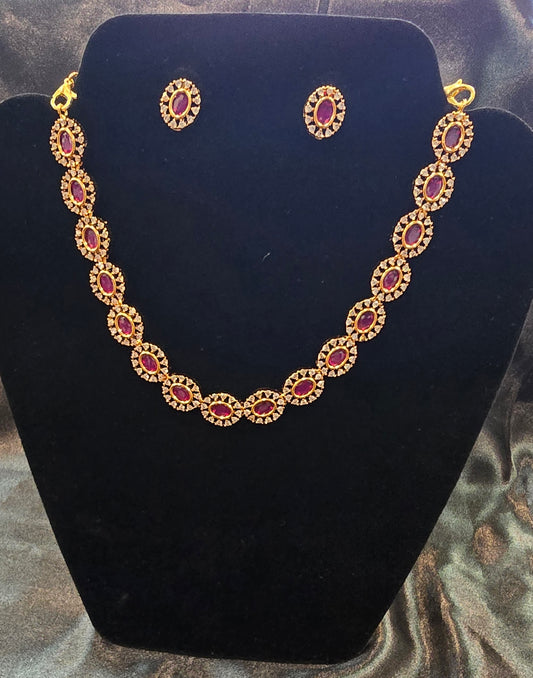 Amazing Dark Pink Color Gold Plated Necklace With Earrings Set