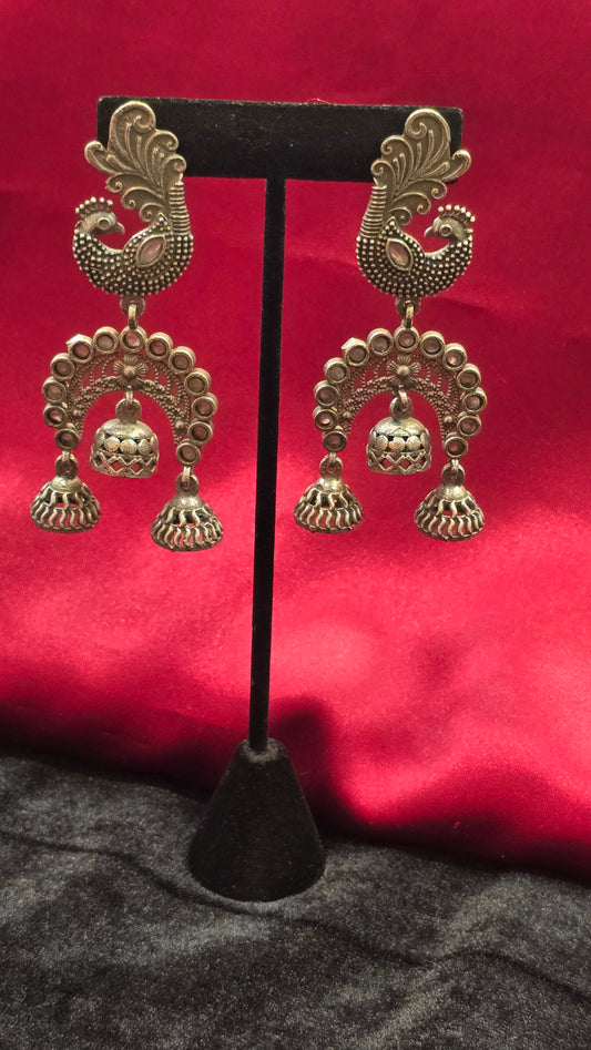 Elegant Peacock Style Earrings With Pink Stone