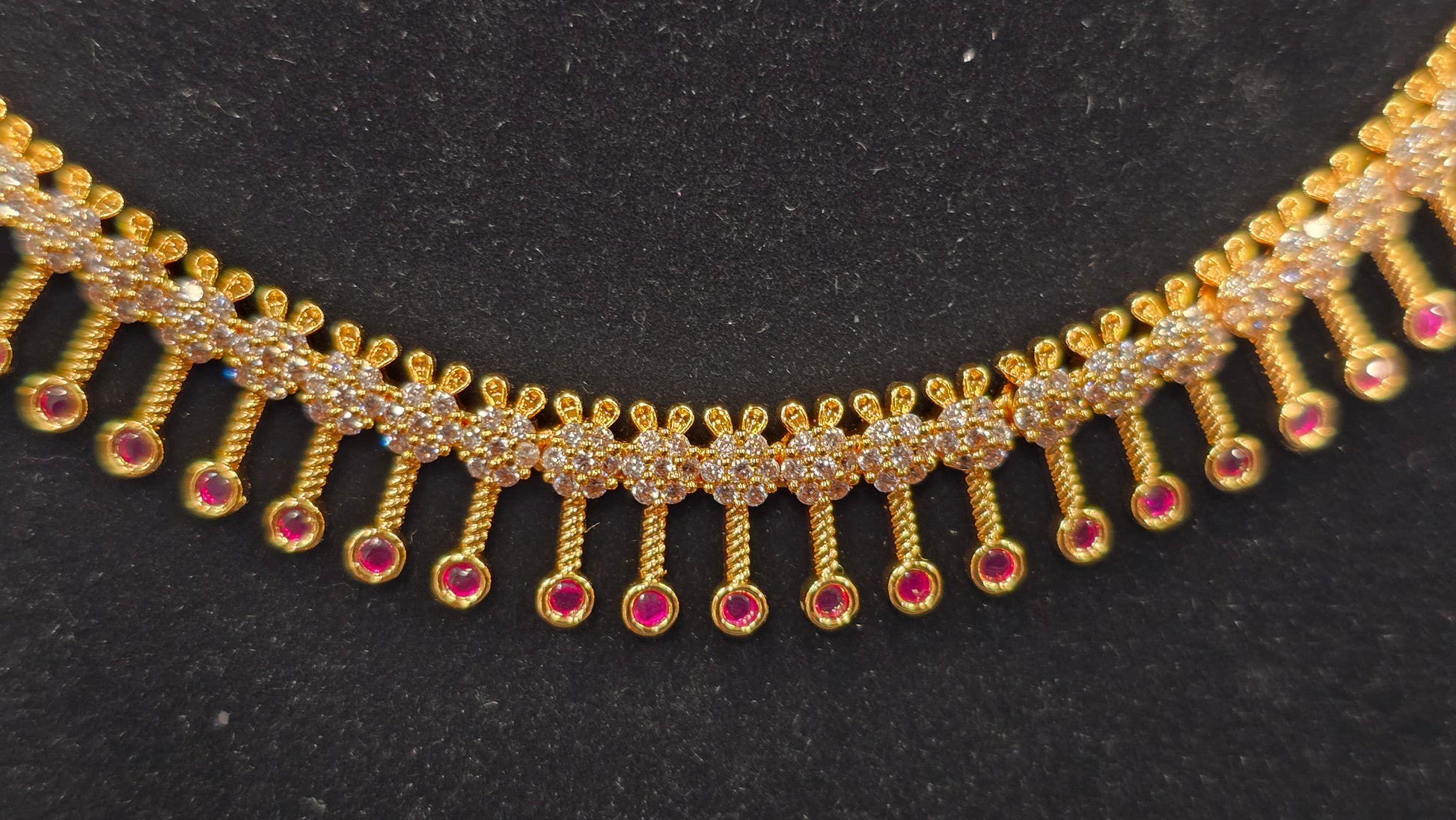 Dark Pink Color And White Stone Gold Plated Necklace With Earrings Set In USA