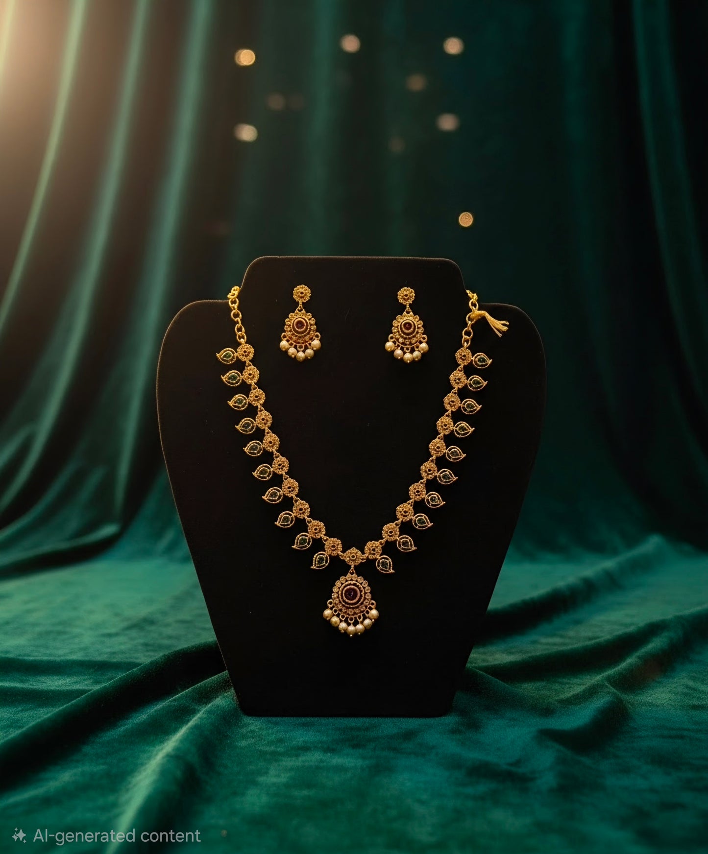 Beautiful gold plated flower shaped necklace set with white, green and pink stones and also pearls.