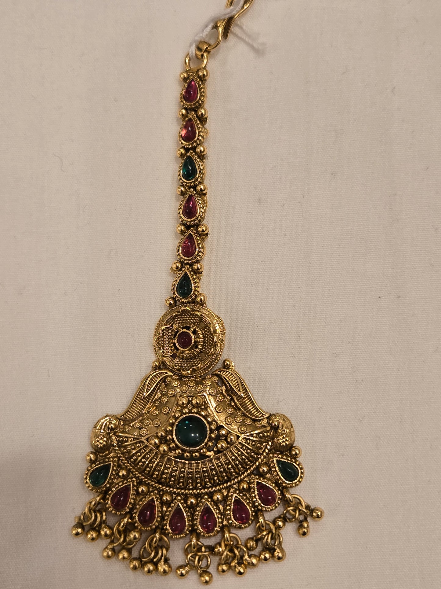 Beautiful Golden Pink And Green Stone Maang Tikka For Women