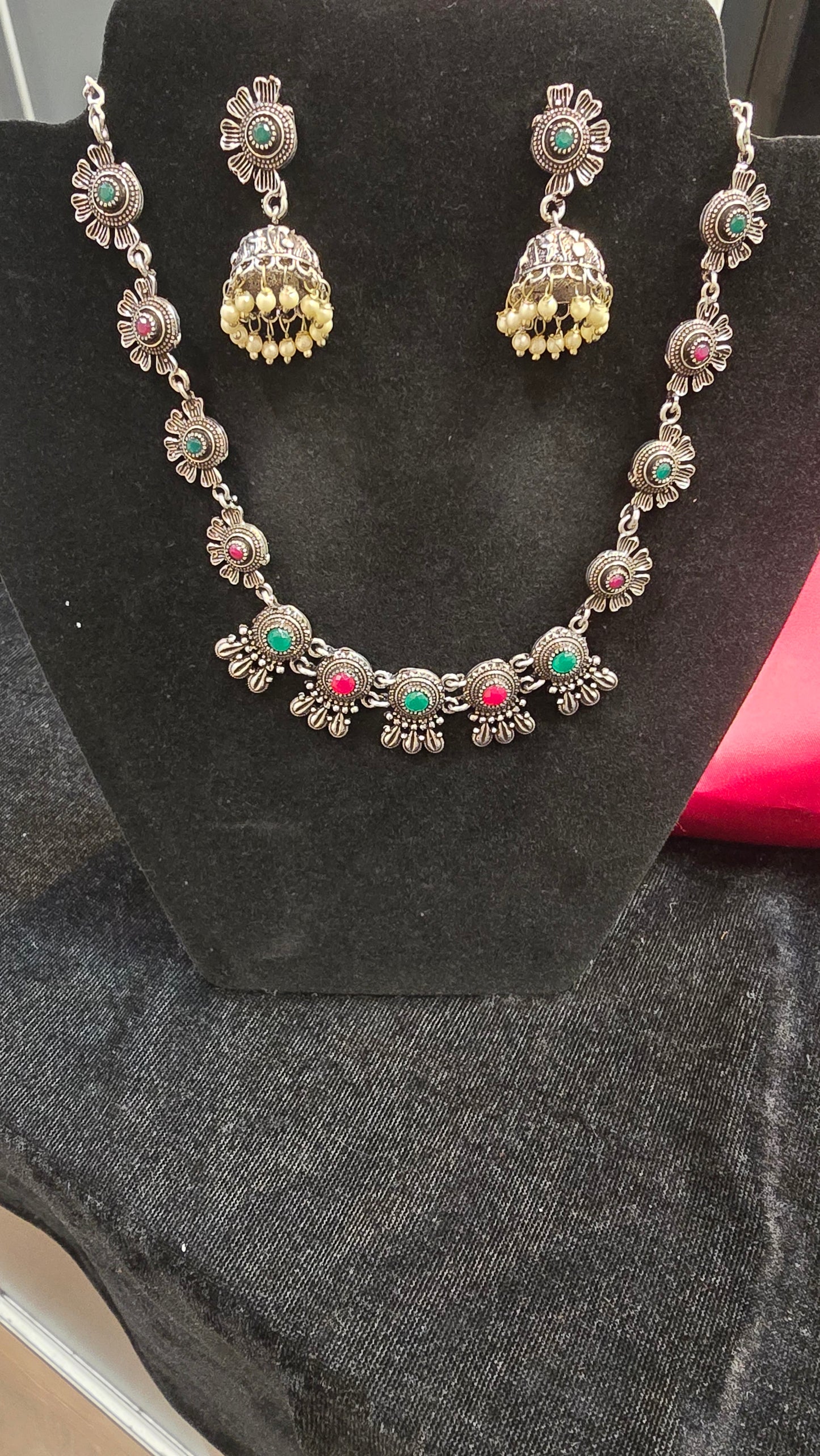 Elegant Multicolor Oxidized Necklace With Jhumkas Set