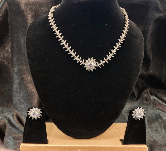 Alluring White Color Stones American Diamond Necklace With Earrings Set