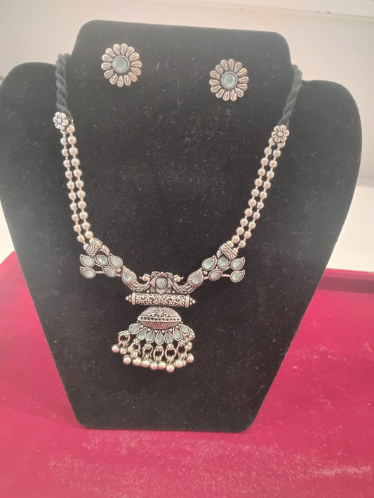 Wonderful Light Blue Color Stone Oxidized Necklace And Earrings For Women