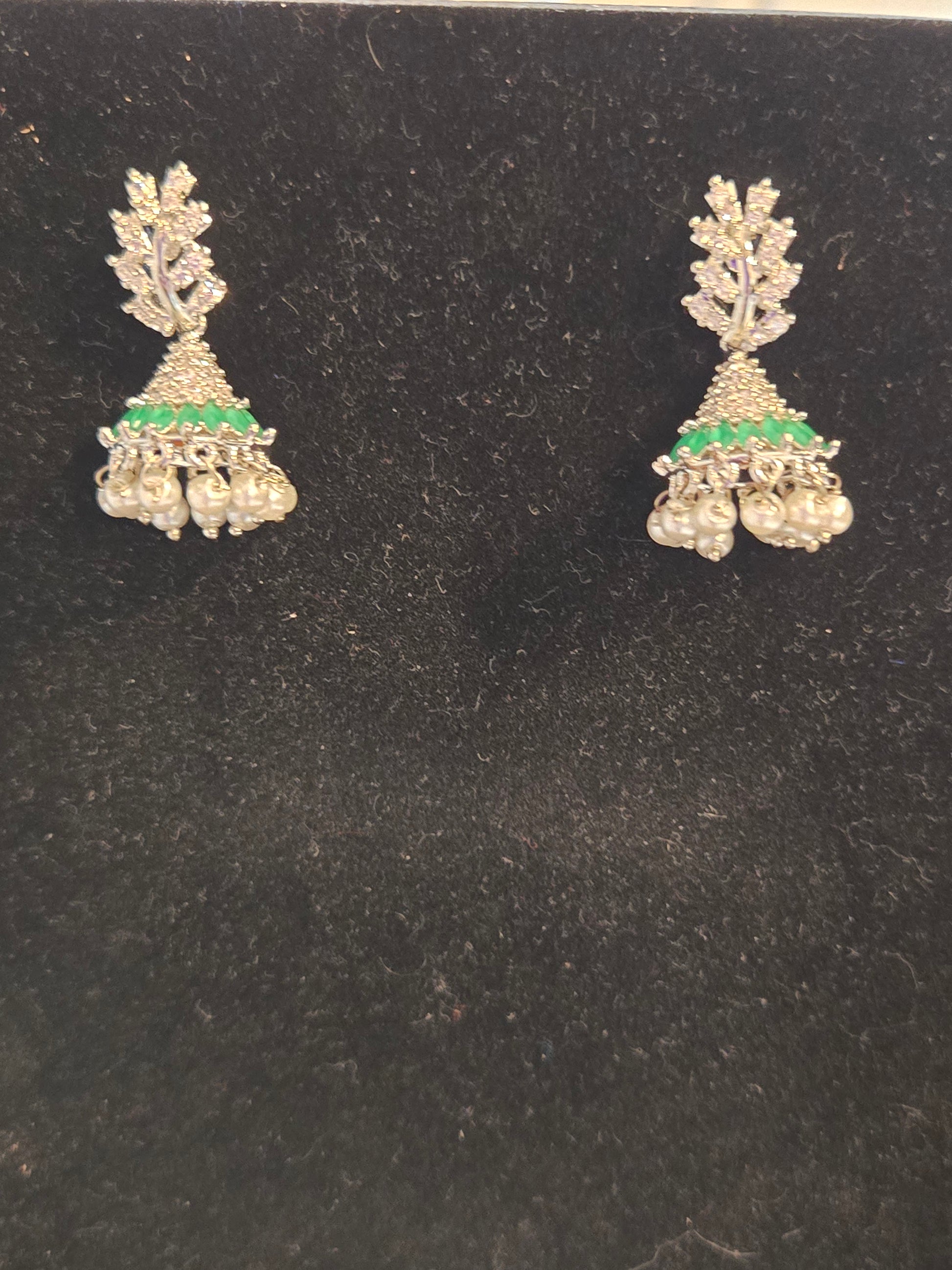 Attractive Leaf Design American Diamond Green Color Earrings For Women