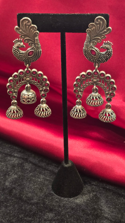 Antique Peacock Design Earrings With Maroon Stones