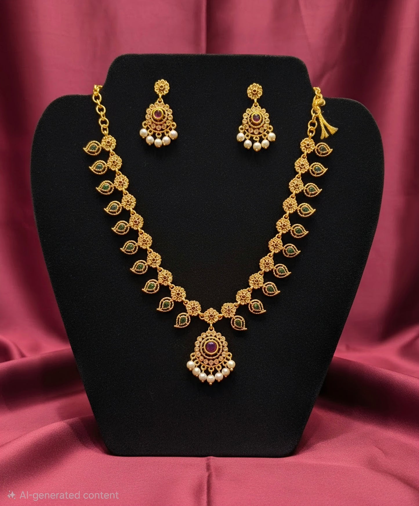 Beautiful gold plated flower shaped necklace set with white, green and pink stones and also pearls.