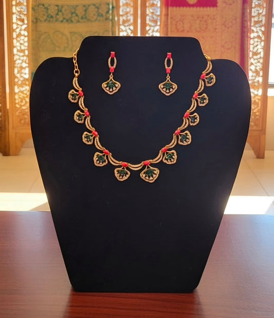 Pretty Red, Green And White Stones Embadded Gold Plated Necklace With Earrings Set