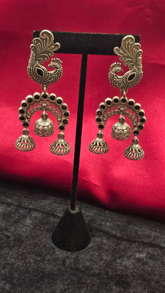 Royal Peacock Earrings Embedded With Black Stones