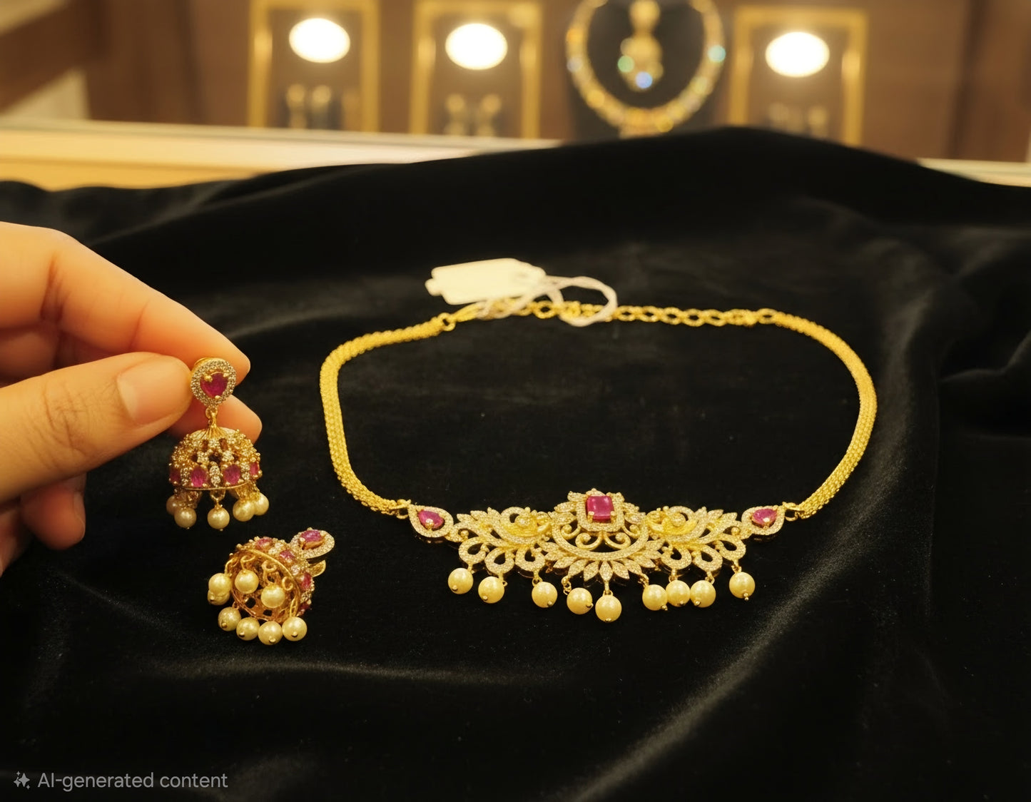 Pink And White Stones Gold Plated Choker Set With Earrings Near Me