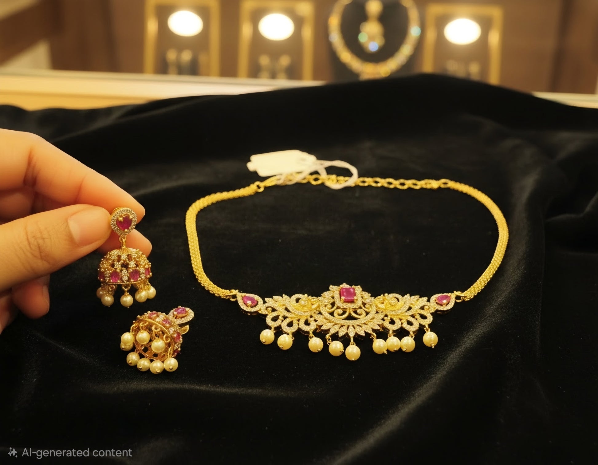 Pink And White Stones Gold Plated Choker Set With Earrings Near Me