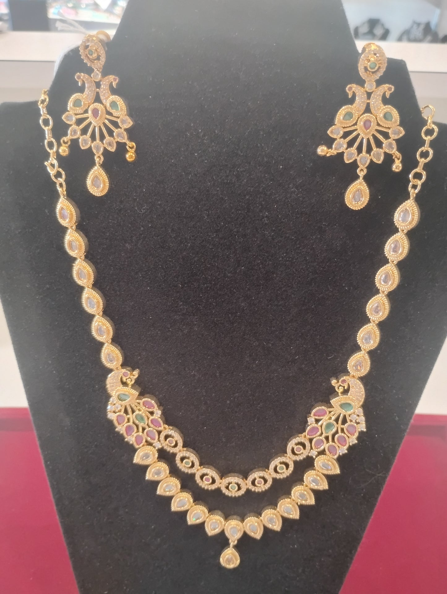 Amazing Gold Plated Multicolor Stones Peacock design Long chain With Earrings For Women