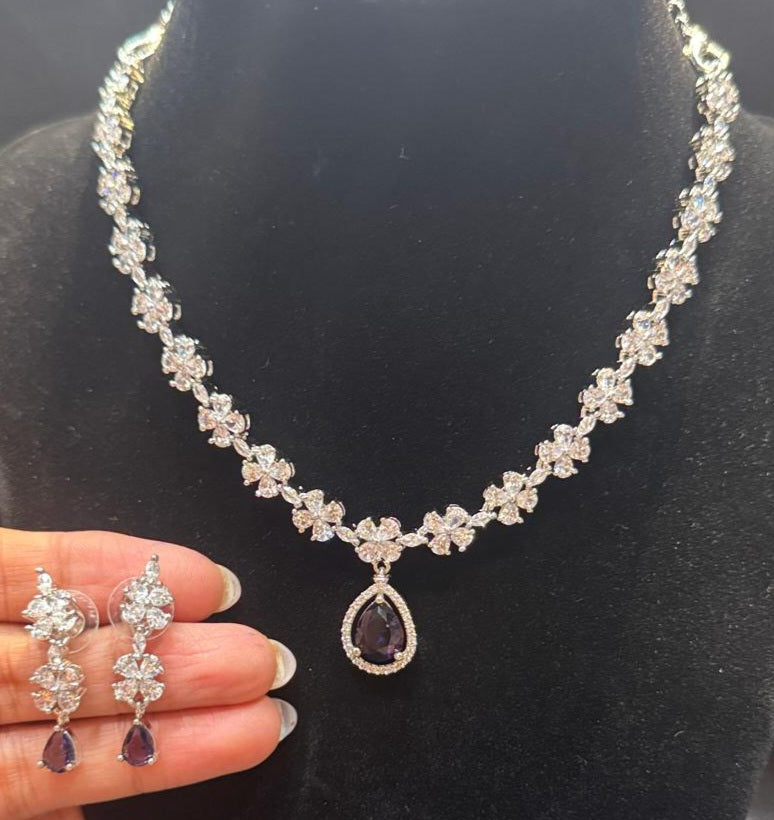 American Diamond White And Purple Color Stones Necklace And Earrings Set Near Me