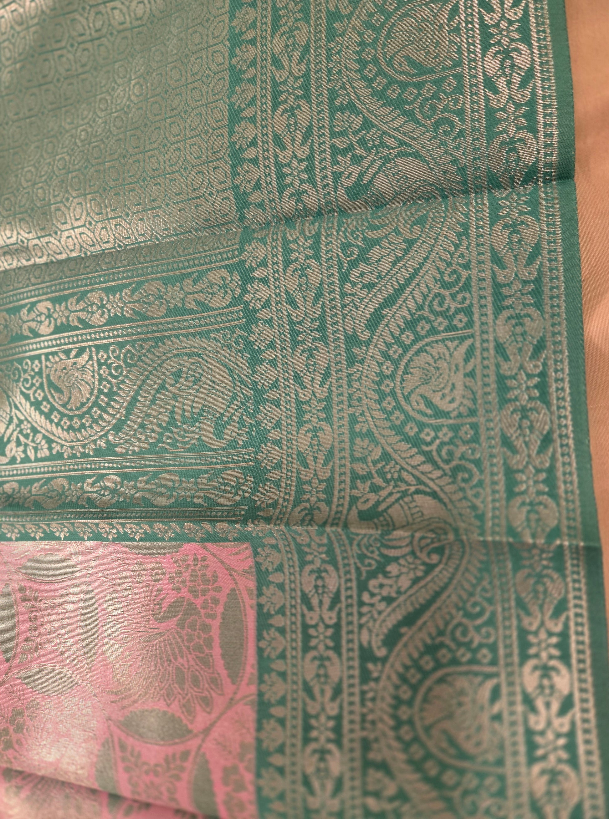 Attractive Light Pink And Light Green Color Motif Design Silk Saree In Mesa