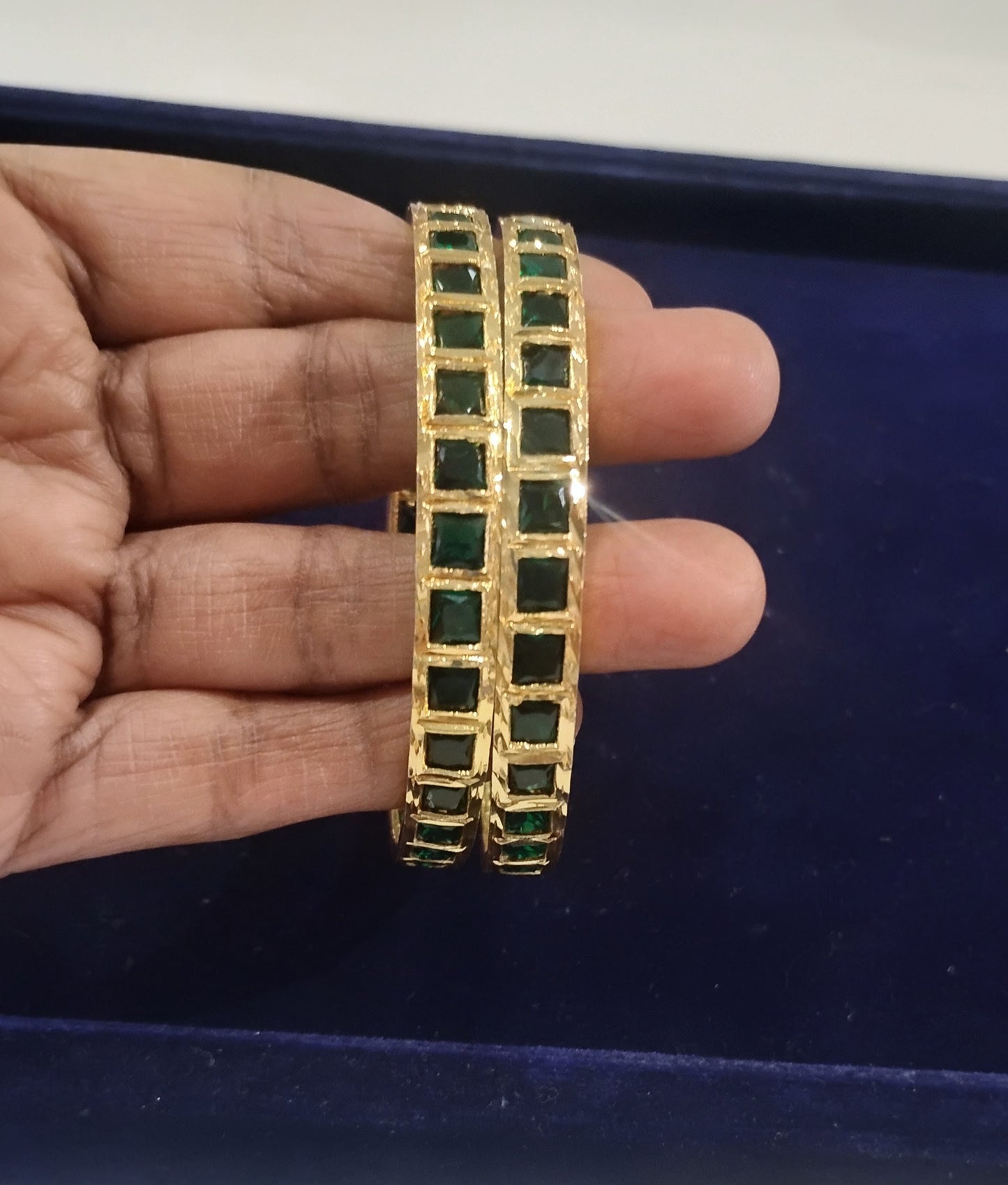 Alluring Gold Plated Bangles with Dark Green Color Stones Set For Women Near Me