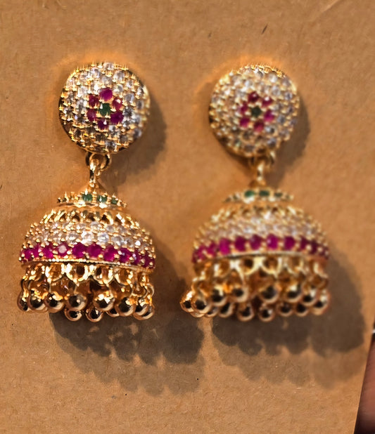 Beautiful Tricolored Stones Round Shaped Gold Plated Earrings