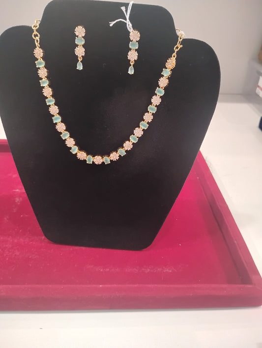 Alluring Gold Plated White and Light Green Stones Necklace with Earrings For Women