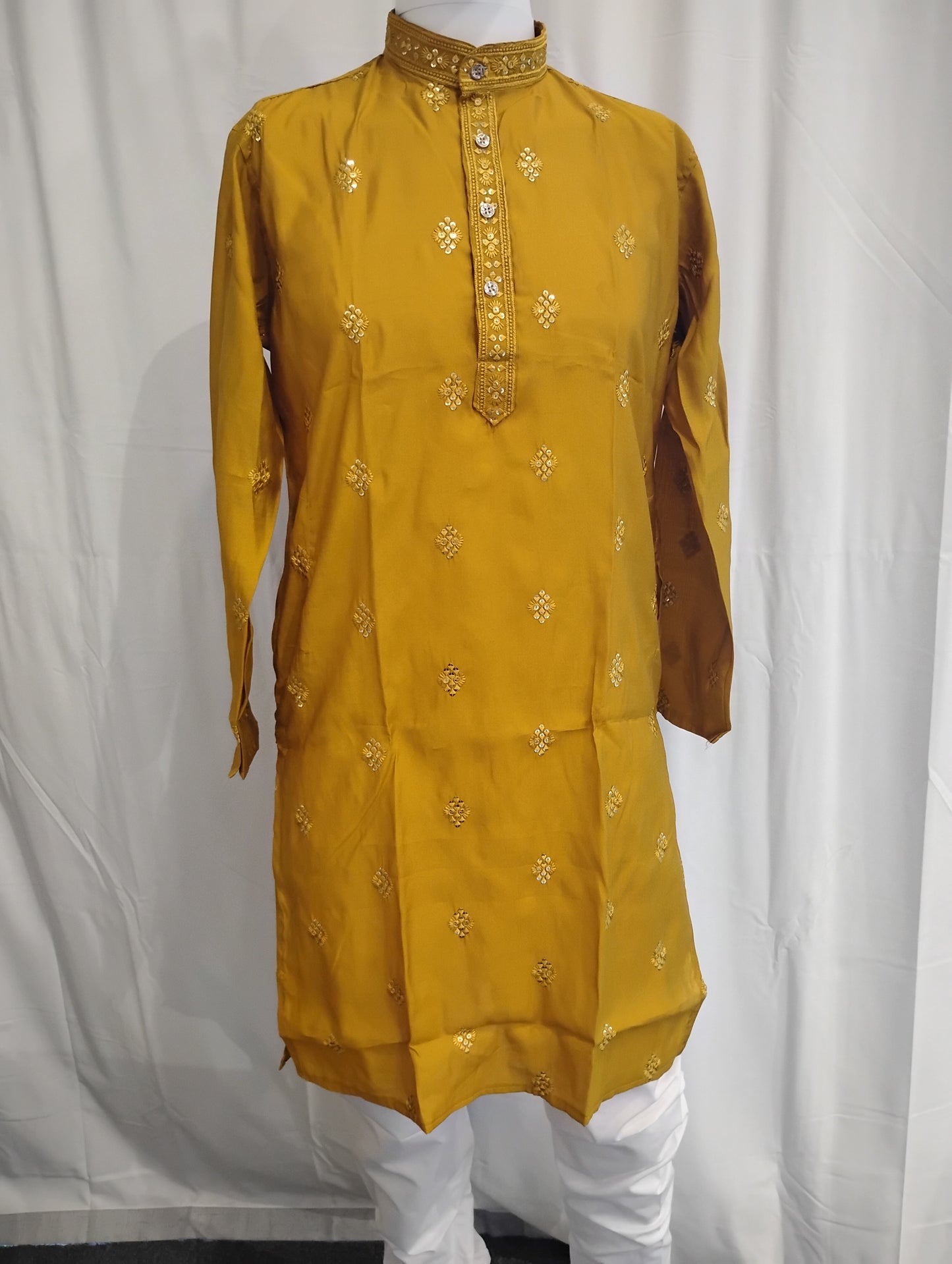 Wonderful Mustard Yellow Color Rayon With Sequins Embroidery Work Kurta Suits For Men