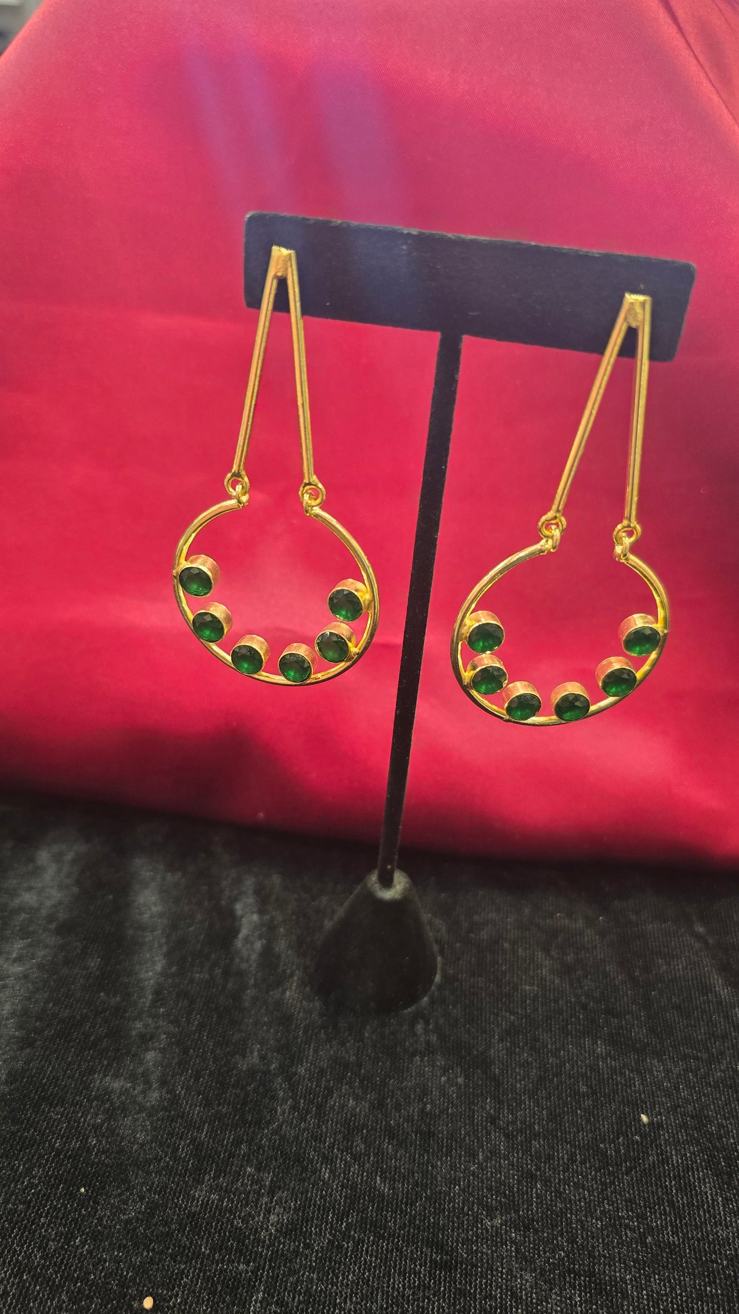 Elegant Golden Earrings With Green Beads For Women