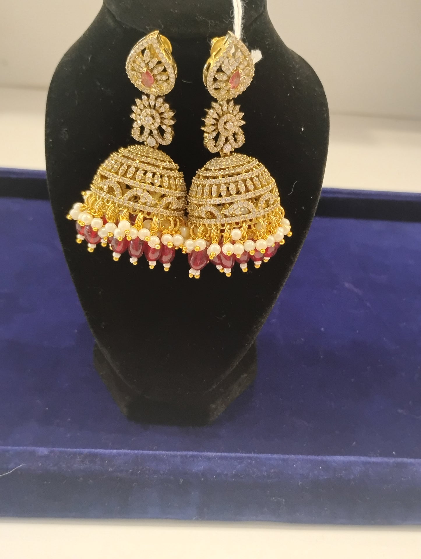 Beautiful Ethnic Wear Gold Plated Earrings With White Stones, Marron and White Beads