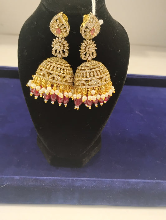 Pretty&nbsp;Peach And White Stones Gold Plated Marron and White Color Beads Earrings For Women