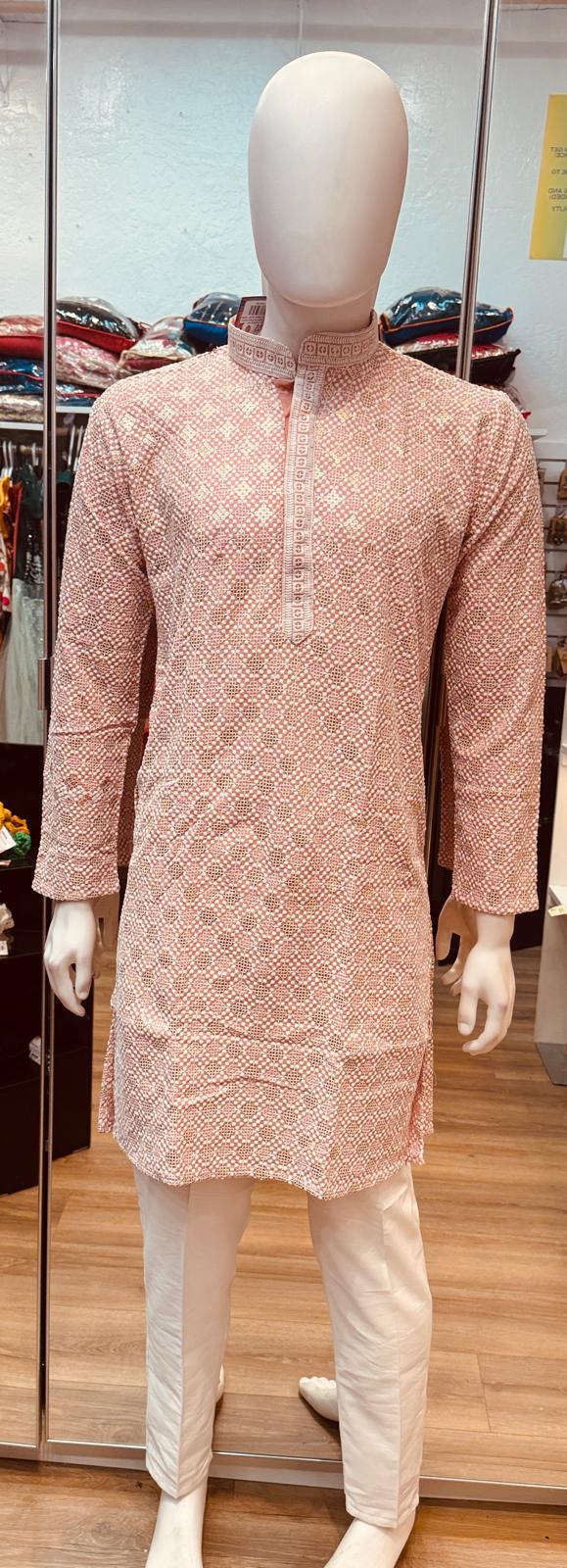 Attractive Light Pink Color Premium Rayon With Embroidery and Sequins Work Kurta Suit For Men