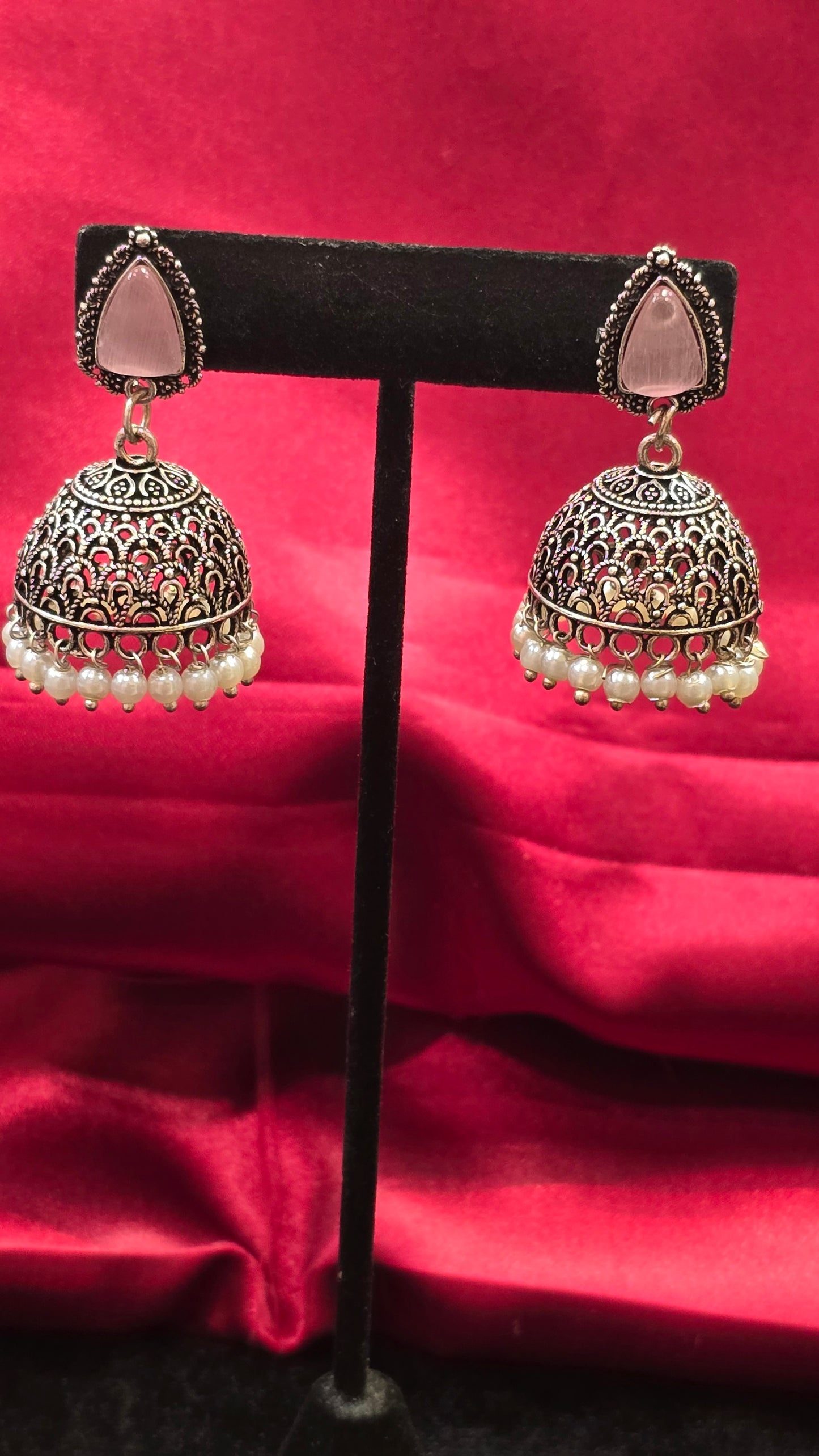 Pretty Pink Color Jhumkas With White Small Pearldrop