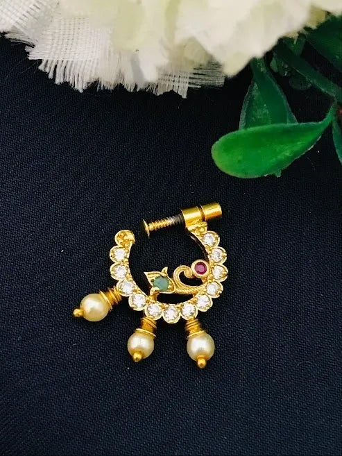 Traditional Gold Plated Nose Pin With Multi Stone