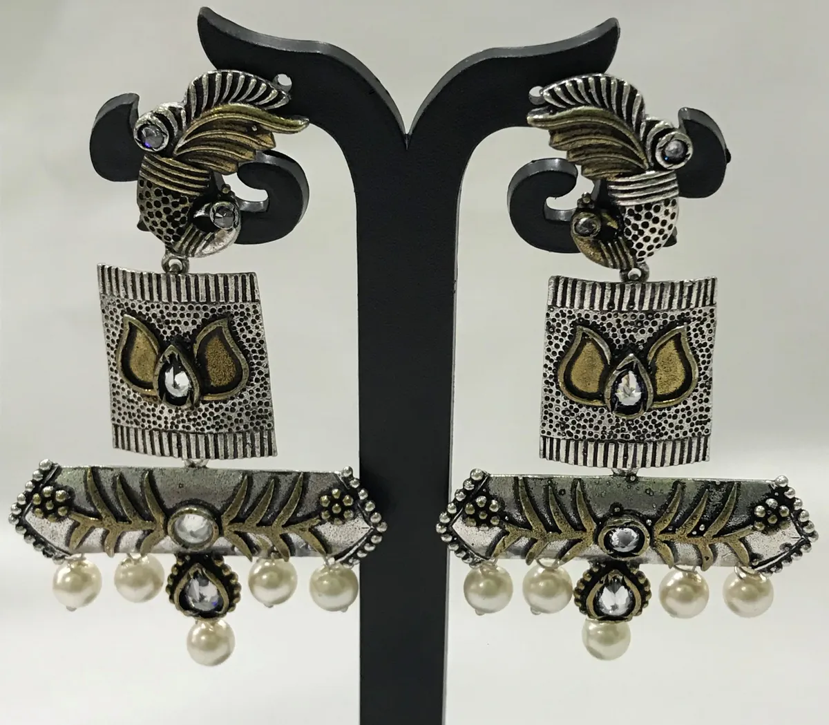  Dual Tone Tribal Oxidized Earrings With Pearl Beads Near Me