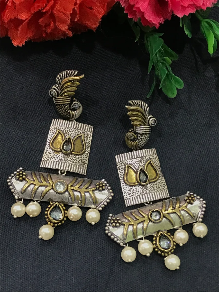 Beautiful Dual Tone Tribal Oxidized Earrings With Pearl Beads