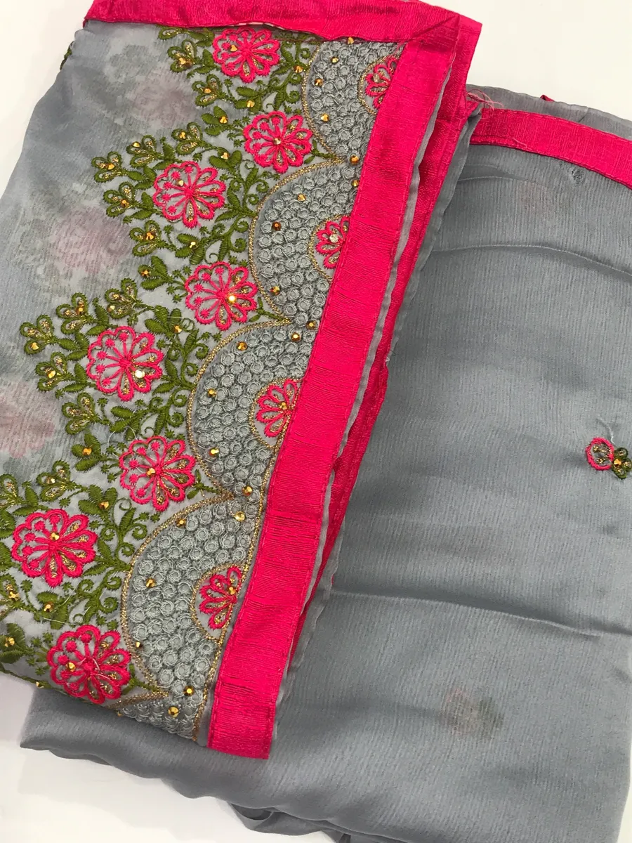 Grey Color Embroidery Georgette Saree With Contrast Pink Lace Border In USA